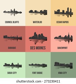 Set of 9 City silhouette in Iowa (Des Moines, Dubuque, Davenport, Cedar Rapids, Iowa City, Sioux City, Waterloo, Fort Dodge, Council Bluffs )