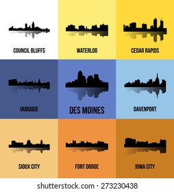 Set of 9 City silhouette in Iowa (Des Moines, Dubuque, Davenport, Cedar Rapids, Iowa City, Sioux City, Waterloo, Fort Dodge, Council Bluffs )