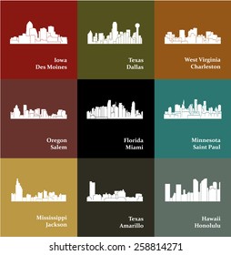 Set of 9 City silhouette (Miami, Honolulu, Saint Paul, Salem, Jackson, Charleston, Dallas, Des Moines, Amarillo)