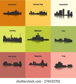 Set of 9 city silhouette in Michigan ( Rochester, Pontiac City, Detroit, Southfield, Lansing, Flint, Troy, Ann Arbor, Wyoming )