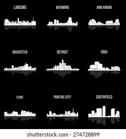 Set of 9 city silhouette in Michigan ( Rochester, Pontiac City, Detroit, Southfield, Lansing, Flint, Troy, Ann Arbor, Wyoming )