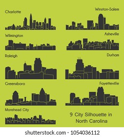 Set of 9 city silhouette in North Carolina ( Morehead City, Charlotte, Asheville, Wilmington, Winston-Salem, Greensboro, Durham, Fayetteville )