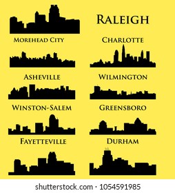 Set of 9 city silhouette in North Carolina ( Morehead City, Charlotte, Asheville, Wilmington, Winston-Salem, Greensboro, Durham, Fayetteville )