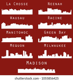 Set of 9 City Silhouette in Wisconsin ( Madison, La Crosse, Neenah, Wausau, Racine, Manitowoc, Green Bay, Mequon, Milwaukee )