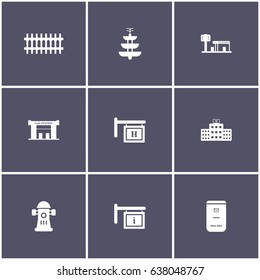 set of 9 cityscape elements such as fountain, fence, gas station, hydrant and other icons