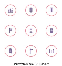 set of 9 cityscape elements such as bus stop, fence, can and other icons
