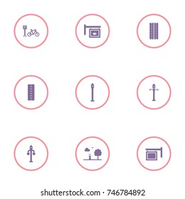 set of 9 cityscape elements such as streetlight, bicycle parking, road and park icon