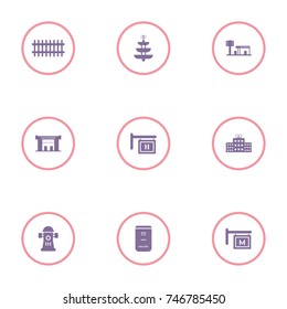 set of 9 cityscape elements such as hydrant, fountain, fence, mail box and other icons