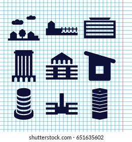 Set of 9 cityscape filled icons such as business centre, business center building, house building, building, city landscape