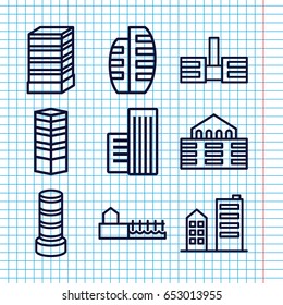Set of 9 cityscape outline icons such as business centre, business center building, builidng, building