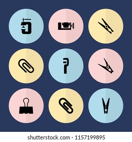 Set of 9 clamp filled icons such as vice clamp, clip