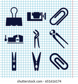 Set of 9 clamp filled icons such as cloth pin, vice clamp, pliers, clip