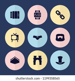 Set of 9 classic filled icons such as arch, man hairstyle, female underwear, tv, hat, wrist dial watch, harmonic, chain