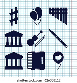 Set of 9 classical filled icons such as court, heart baloons, harmonica, musical pipe, harmonic, violin, musical sharp