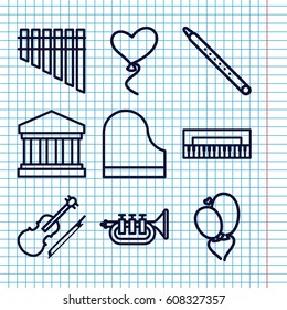Set of 9 classical outline icons such as heart baloons, harmonica, piano, musical pipe, violin, trumpet