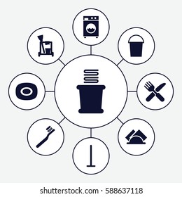 Set of 9 clean filled icons such as soap, toothbrush, cleaning tools, mop, bucket, towels, fork and knife, napkin