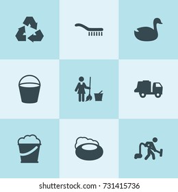Set of 9 clean filled icons such as duck, recycle, garbage truck, bucket, soap, brush, floor wash