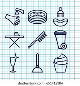 Set of 9 clean outline icons such as shower, cream, plunger, toothbrush, trash bin, ironing table, clean wine glass, hands washing
