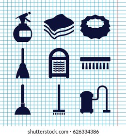 Set of 9 cleaner filled icons such as spray bottle, plunger, broom, sponge, vacuum cleaner