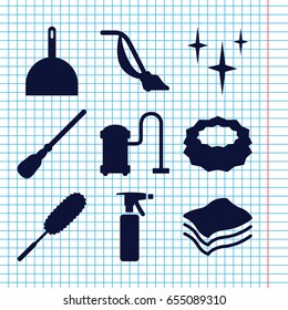 Set of 9 cleaner filled icons such as spray bottle, dustpan, mop, clean, sponge, dust brush