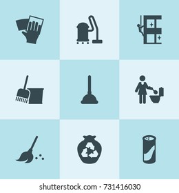 Set of 9 cleaner filled icons such as broom, garbage, bucket and broom, vacuum cleaner, skycrapers cleaning, wipe, plunger, cleaning powder