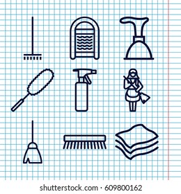 Set of 9 cleaner outline icons such as spray bottle, plunger, broom, sponge, dust brush, clean brush