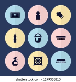 Set of 9 cleaning filled icons such as spray bottle, gloves, cleanser, clean brush, bucket, foot carpet