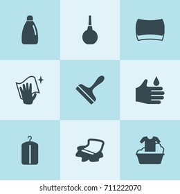 Set of 9 cleaning filled icons such as hand cleaning, sponge, wiping, detergent bottle, scraper, dry cleaning, floor cloth, clothes washing
