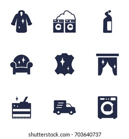 Set Of 9 Cleaning Icons Set.Collection Of Washhouse, Detergent, Dry And Other Elements.