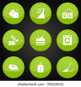 Set Of 9 Cleaning Icons Set.Collection Of Besom, Machine, Clothes And Other Elements.