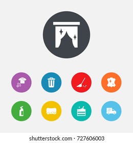 Set Of 9 Cleaning Icons Set.Collection Of Detergent, Besom, Shipping And Other Elements.