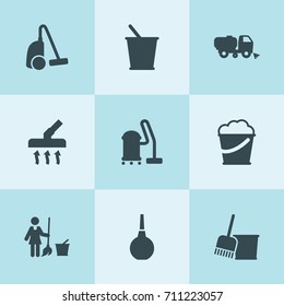 Set of 9 cleanup filled icons such as bucket, sweeper truck, bucket and broom, vacuum cleaner, floor wash