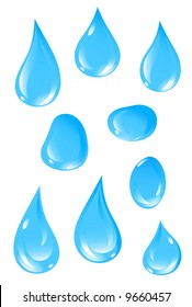 Set of 9 clear water drops. Vector illustration