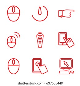 set of 9 click outline icons such as pointer on display, finger on display, pointing, remote control, mouse, stopwatch camera, computer mouse