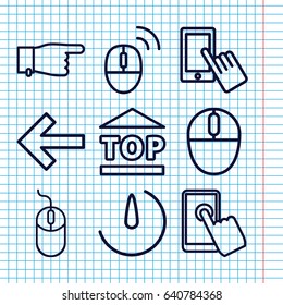 Set of 9 click outline icons such as finger on display, pointing, mouse, top of cargo box, stopwatch camera, computer mouse, back