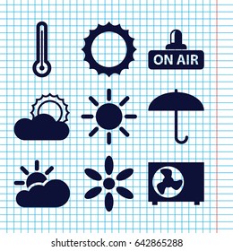 Set of 9 climate filled icons such as sun, open air, air conditioner, thermometer, sun cloud