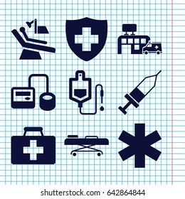 Set of 9 clinic filled icons such as first aid kit, blod pressure tool, drop counter, medical sign, injection, hospital, dental chair