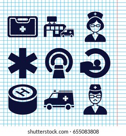 Set of 9 clinic filled icons such as mri, medical sign, medical kit, doctor, ambulance, nurse