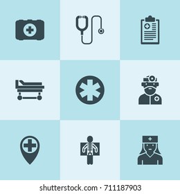 Set of 9 clinic filled icons such as stethoscope, medical location, medical, medical clipboard, hospital stretcher, doctor, nurse, x ray