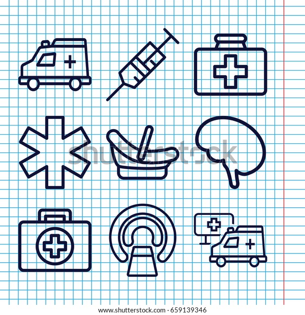 Set of 9 clinic outline icons such as baby\
basket, first aid kit, syringe, mri, medical sign, ambulance,\
doctor, hospital
