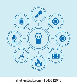 Set of 9 clipart filled icons such as fire, sun, bulb, scoop, karaoke, microphone, sun