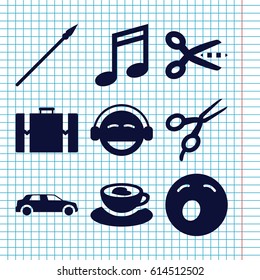 Set of 9 clipart filled icons such as barber scissors, yawn emot, emoji, cup with heart, car, suitcase, spear, music note