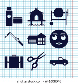 Set of 9 clipart filled icons such as car, barber scissors, concrete mixer, blowtorch, rolling eyes emot, cream tube, tent, suitcase