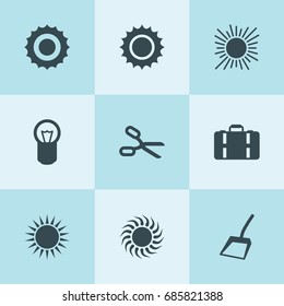 Set of 9 clipart filled icons such as scissors, sun, bulb, scoop, sun