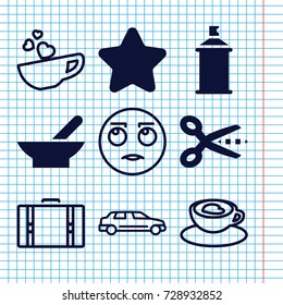 Set of 9 clipart filled and outline icons such as bowl, star, spray paint, cup with heart, car, suitcase, rolling eyes emot