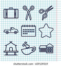 Set of 9 clipart outline icons such as car, barber scissors, star, calendar, cup with heart, tent, suitcase