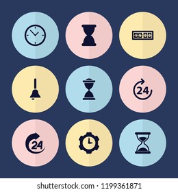 Set of 9 clock filled icons such as 24 hours, hourglass, bell