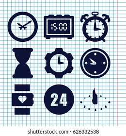 Set of 9 clock filled icons such as clock, sundial, 24 hours, hourglass, alarm