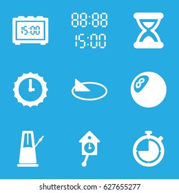  set of 9 clock filled icons such as hourglass, digital time, sundial, pendulum