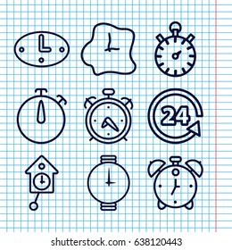 Set of 9 clock outline icons such as alarm, 24 support, wall clock, wrist watch, pendulum